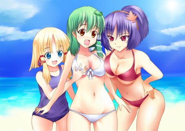 Anime picture 1446x1024 with touhou kochiya sanae moriya suwako yasaka kanako greave (asterism) blue eyes light erotic blonde hair smile red eyes multiple girls sky purple hair cloud (clouds) green hair orange eyes beach girl swimsuit bikini