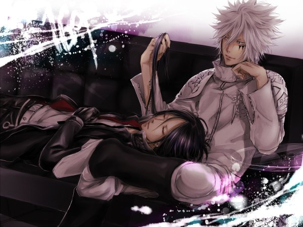 Anime picture 1200x900 with katekyou hitman reborn rokudo mukuro byakuran saotsu long hair purple hair white hair lying eyes closed arm support facial mark shounen ai face paint boy gloves uniform