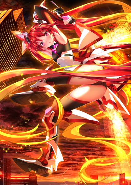 Anime picture 1102x1560 with ore twintail ni narimasu production ims tail red swordsouls single long hair tall image blush open mouth light erotic twintails red hair very long hair girl thighhighs hair ornament weapon sword bodysuit fire