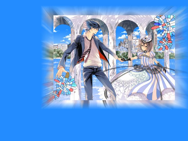 Anime picture 1280x960 with hash (artist) short hair simple background brown hair blue hair profile couple city holding hands river girl dress boy gloves plant (plants) shirt tree (trees) necktie arch