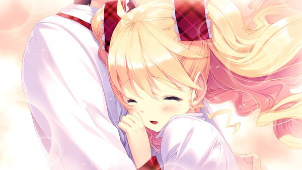 Anime picture 1280x720 with nanatsu no fushigi no owaru toki furumiya elis ueda ryou long hair blush open mouth blonde hair wide image game cg eyes closed loli girl ribbon (ribbons) hair ribbon