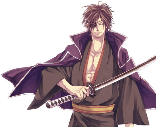 Anime picture 1500x1228 with sengoku basara production i.g date masamune single short hair simple background brown hair white background brown eyes japanese clothes boy weapon sword katana cape eyepatch