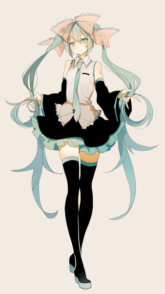 Anime picture 600x1063 with vocaloid hatsune miku eyokiki single tall image looking at viewer blush fringe simple background smile hair between eyes standing twintails bare shoulders full body very long hair nail polish aqua eyes aqua hair grey background