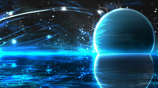 Anime picture 2000x1125 with tawashi tobitamaru highres wide image sky cloud (clouds) reflection space lightning water star (stars) planet fireflies