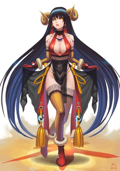 Anime picture 3525x5000 with original darkmuleth single tall image looking at viewer highres breasts light erotic black hair large breasts white background yellow eyes absurdres very long hair horn (horns) girl thighhighs gloves elbow gloves