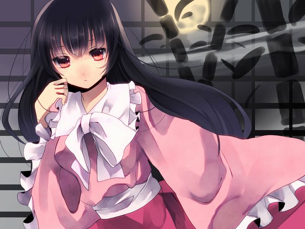 Anime picture 1000x750 with touhou houraisan kaguya mihatarou single long hair looking at viewer fringe black hair red eyes night girl full moon