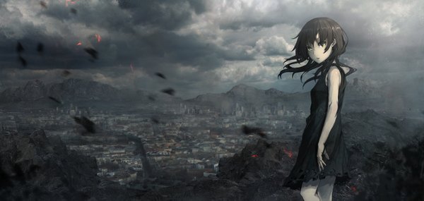 Anime picture 1300x619 with original seafh (artist) single long hair black hair wide image green eyes cloud (clouds) city girl sundress