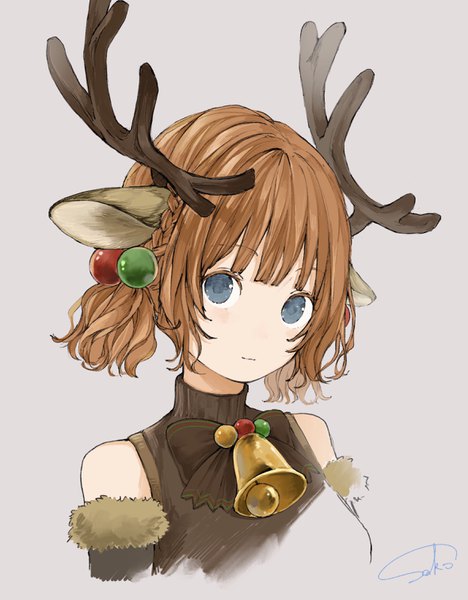 Anime picture 2363x3025 with original sako (user ndpz5754) single tall image fringe highres short hair blue eyes simple background brown hair signed animal ears blunt bangs horn (horns) grey background portrait christmas bell collar antlers deer ears