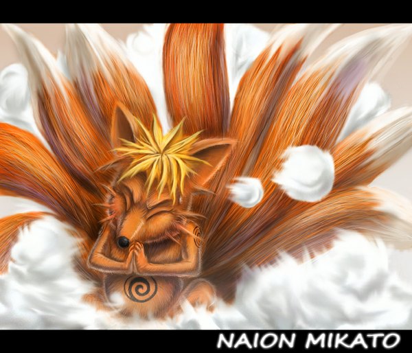 Anime picture 1000x858 with naruto studio pierrot naruto (series) uzumaki naruto naionmikato single short hair blonde hair tail eyes closed tattoo smoke multiple tails jinchuriki animal fox