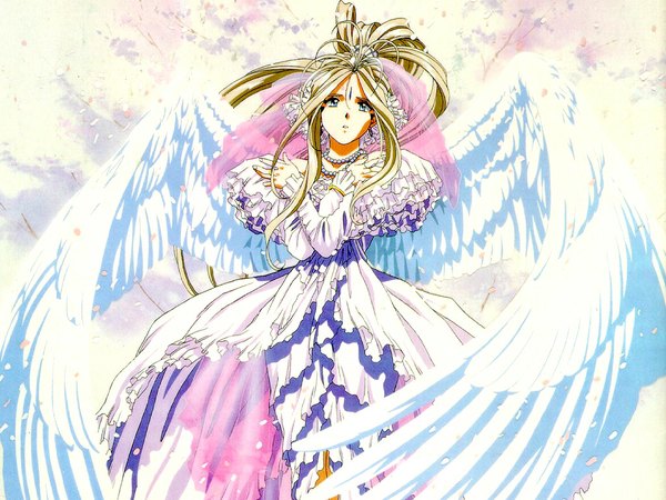 Anime picture 1024x768 with aa megami-sama anime international company belldandy single long hair blue eyes blonde hair angel wings angel girl dress hair ornament wings jewelry necklace