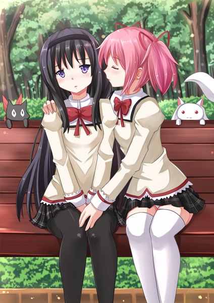 Anime picture 1000x1414 with mahou shoujo madoka magica shaft (studio) akemi homura kaname madoka kyuubee kazenokaze long hair tall image blush short hair black hair sitting purple eyes multiple girls pink hair eyes closed shoujo ai girl thighhighs skirt