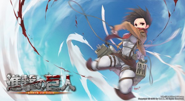Anime picture 1920x1050 with shingeki no kyojin production i.g mikasa ackerman single highres short hair black hair wide image holding brown eyes open clothes open jacket dual wielding girl weapon sword boots belt scarf thigh strap