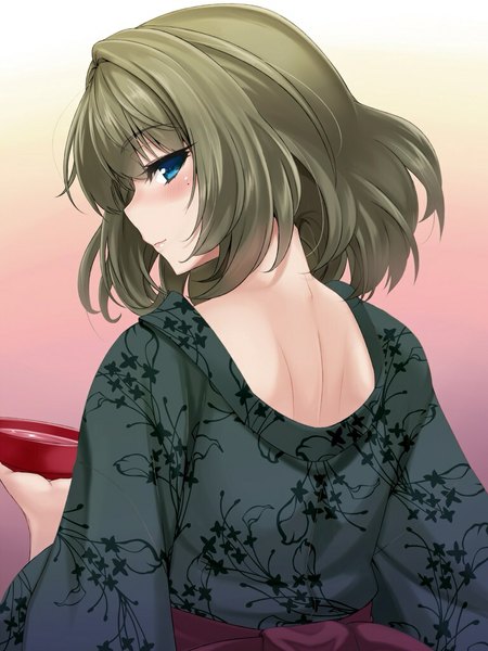 Anime picture 768x1024 with idolmaster idolmaster cinderella girls takagaki kaede maou single tall image blush short hair blue eyes brown hair traditional clothes japanese clothes looking back girl kimono alcohol sake sakazuki