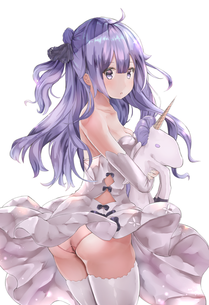 Anime picture 993x1444 with azur lane unicorn (azur lane) neko nasu single long hair tall image looking at viewer blush fringe breasts open mouth light erotic simple background hair between eyes white background purple eyes bare shoulders cleavage purple hair ahoge