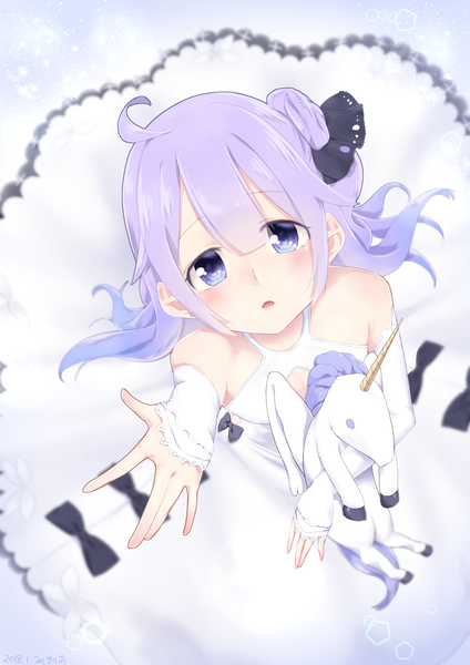 Anime picture 2480x3508 with azur lane unicorn (azur lane) mishima ryo single long hair tall image looking at viewer blush highres purple eyes signed purple hair ahoge arm up from above dated outstretched hand girl dress detached sleeves