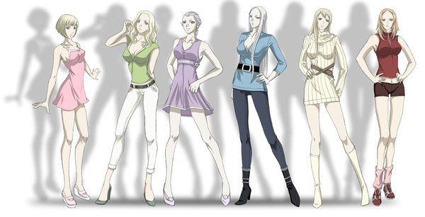 Anime picture 1600x820 with claymore madhouse tagme (character) long hair short hair blonde hair wide image multiple girls white hair grey eyes alternate costume hand on hip group 6+ girls 6 girls hands on hips girl dress pants sundress