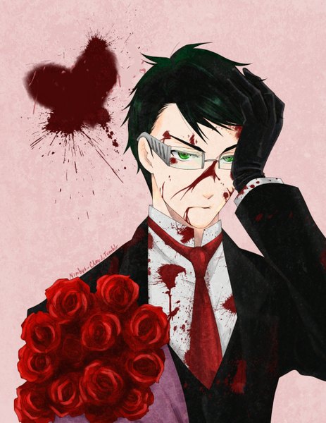 Anime picture 1024x1325 with kuroshitsuji a-1 pictures william t. spears single tall image looking at viewer short hair black hair green eyes boy gloves flower (flowers) glasses necktie blood suit bouquet
