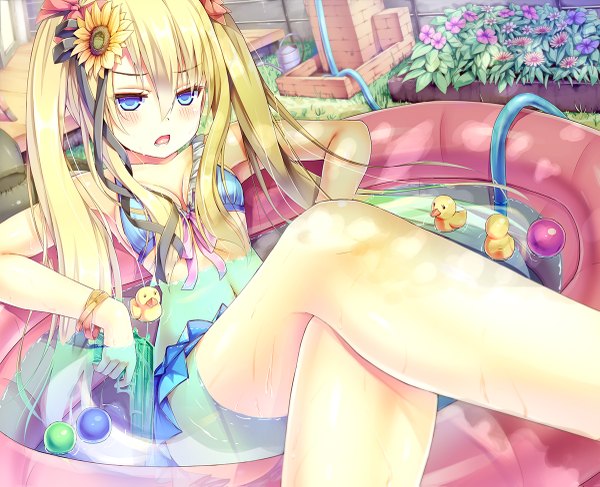 Anime picture 1200x975 with original peragura single long hair blush open mouth blue eyes light erotic blonde hair twintails bare shoulders hair flower crossed legs girl hair ornament flower (flowers) swimsuit bikini water pool