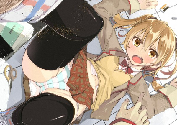 Anime picture 1228x868 with original furukawa itsuse long hair blush fringe open mouth light erotic blonde hair hair between eyes twintails yellow eyes bent knee (knees) from above pov upskirt falling girl thighhighs skirt uniform