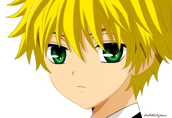 Anime picture 1024x706 with kaichou wa maid-sama! takumi usui single short hair blonde hair white background green eyes portrait face boy