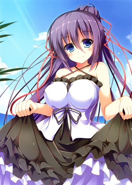 Anime picture 2139x3000 with nozomi tsubame single long hair tall image blush highres blue eyes smile bare shoulders sky purple hair cloud (clouds) ponytail girl dress ribbon (ribbons) hair ribbon frills