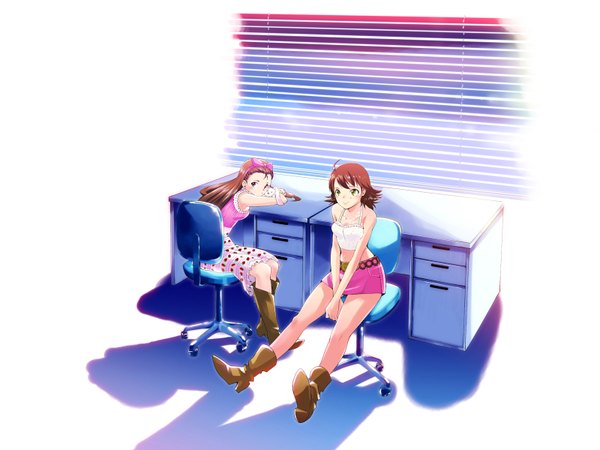 Anime picture 1600x1200 with idolmaster hoshii miki minase iori riyo (riyontoko) highres sitting midriff boots toy stuffed animal chair desk