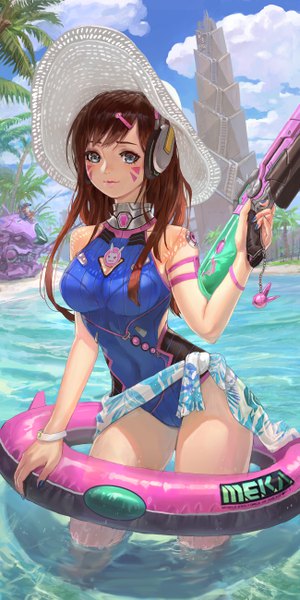 Anime picture 2598x5197 with overwatch blizzard entertainment d.va (overwatch) torbjorn (overwatch) inshoo (shaonav) single long hair tall image looking at viewer fringe highres breasts blue eyes light erotic brown hair large breasts standing sky cloud (clouds) outdoors