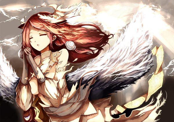 Anime picture 2055x1451 with blazblue tsubaki yayoi venomrobo single long hair fringe highres breasts open mouth light erotic bare shoulders sky cloud (clouds) red hair eyes closed wind no bra torn clothes angel wings hands clasped