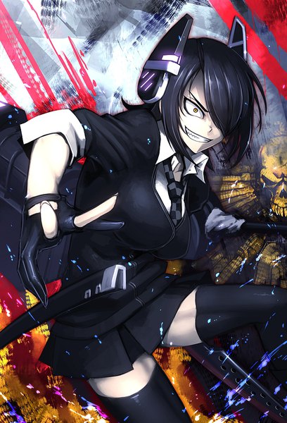 Anime picture 682x1002 with kantai collection tenryuu light cruiser hetza (hellshock) single tall image fringe short hair black hair smile yellow eyes looking away bent knee (knees) hair over one eye grin girl thighhighs gloves uniform weapon black thighhighs
