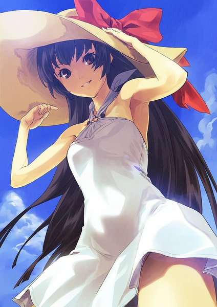 Anime picture 724x1024 with original shimotsuki eight single long hair tall image looking at viewer black hair smile bare shoulders brown eyes sky cloud (clouds) from below armpit (armpits) pantyshot girl dress underwear panties bow