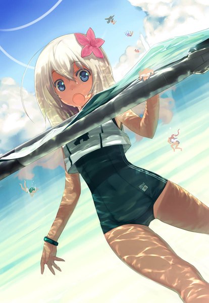 Anime picture 829x1200 with kantai collection ro-500 submarine i-19 submarine i-58 submarine i-168 submarine i-401 aircraft carrying submarine maruyu submergence transport vehicle sumaki shungo long hair tall image looking at viewer open mouth blue eyes light erotic brown hair twintails multiple girls pink hair sky cloud (clouds)