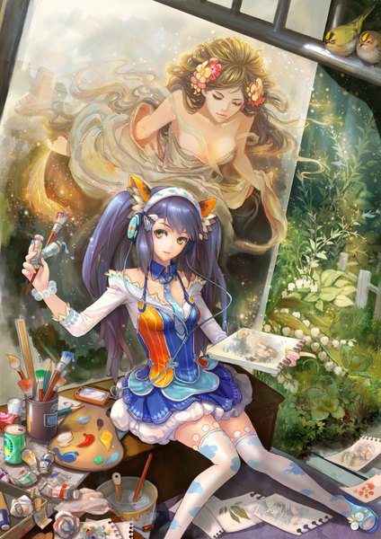 Anime picture 1075x1520 with original teddy yang single long hair tall image twintails green eyes blue hair girl thighhighs dress animal white thighhighs bracelet headphones bird (birds) mobile phone smartphone picture can