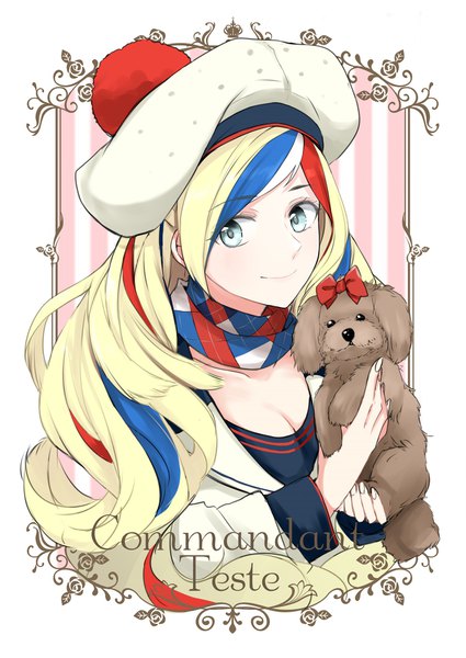 Anime picture 1505x2125 with kantai collection commandant teste (kantai collection) morinaga (harumori) single long hair tall image looking at viewer blue eyes blonde hair smile holding cleavage multicolored hair fingernails streaked hair character names portrait girl animal scarf