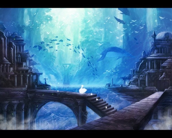 Anime picture 1280x1024 with original rel city smoke cityscape scenic silhouette plant (plants) animal tree (trees) water building (buildings) fish (fishes) stairs castle pillar column