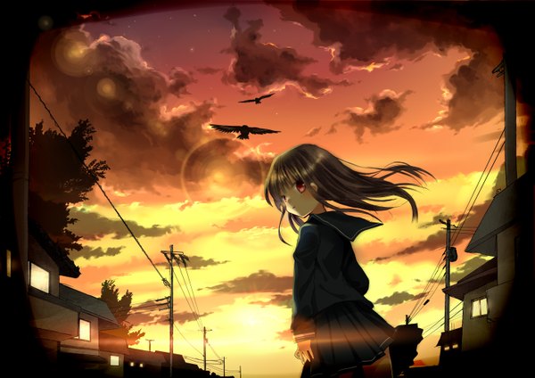Anime picture 2866x2029 with original aiharafu single long hair looking at viewer blush fringe highres red eyes sky cloud (clouds) long sleeves wind city evening sunset cityscape peep girl skirt