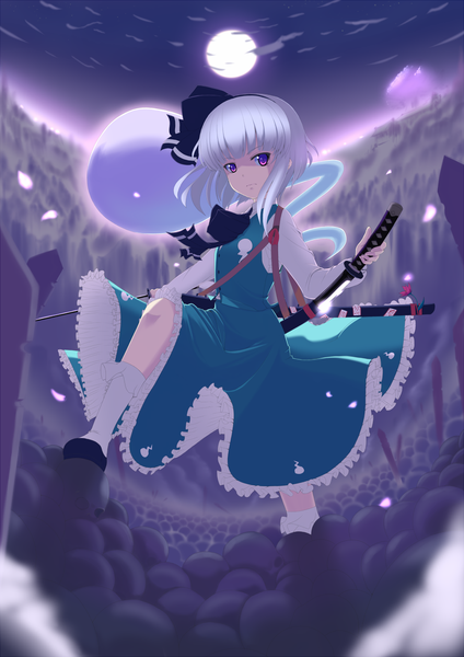 Anime picture 1116x1578 with touhou konpaku youmu myon tonpara single tall image short hair red eyes white hair ghost girl dress weapon petals sword socks katana moon white socks