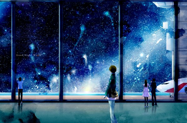 Anime picture 1500x990 with original atha29 long hair short hair black hair brown hair standing looking away night night sky looking up group constellation milky way girl dress boy pantyhose jacket window