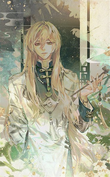 Anime picture 680x1093 with honkai: star rail honkai (series) luocha (honkai: star rail) dywx poison single long hair tall image looking at viewer fringe blonde hair hair between eyes standing yellow eyes traditional clothes chinese clothes boy pipe kiseru