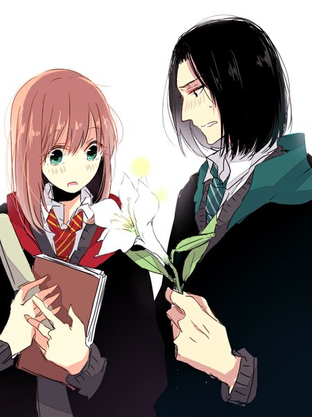 Anime picture 600x800 with harry potter severus snape lily evans namako (pixiv4074107) tall image blush short hair black hair simple background white background holding green eyes profile black eyes orange hair embarrassed eyebrows surprised girl boy