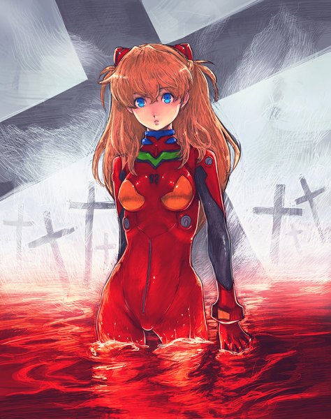 Anime picture 791x1000 with neon genesis evangelion gainax soryu asuka langley boyaking(sbf) single long hair tall image looking at viewer blue eyes orange hair girl water cross pilot suit