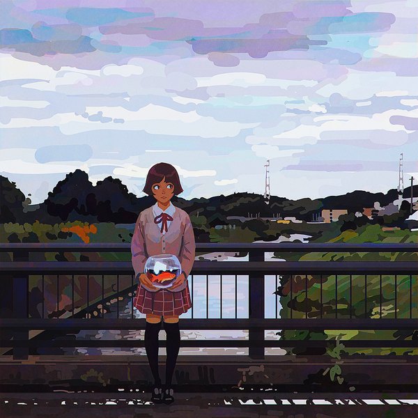 Anime picture 1080x1080 with original ilya kuvshinov single short hair brown hair standing holding looking away sky cloud (clouds) full body outdoors pleated skirt zettai ryouiki dark skin river girl thighhighs skirt uniform