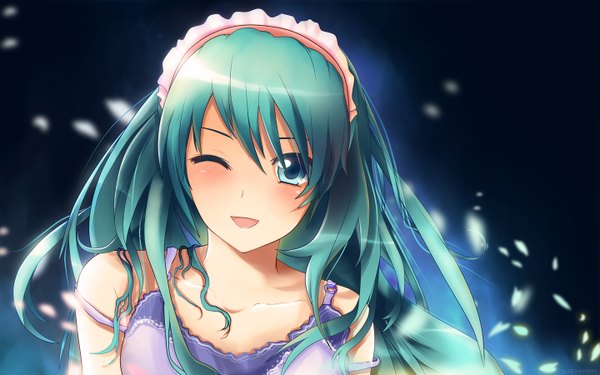Anime picture 1440x900 with vocaloid hatsune miku dxlsmax (lizhimin) blush wide image aqua hair close-up girl