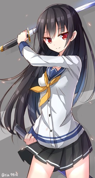 Anime picture 585x1092 with kantai collection isokaze destroyer rin yuu single long hair tall image looking at viewer black hair red eyes grey background girl skirt weapon miniskirt petals sword katana sheath sailor suit