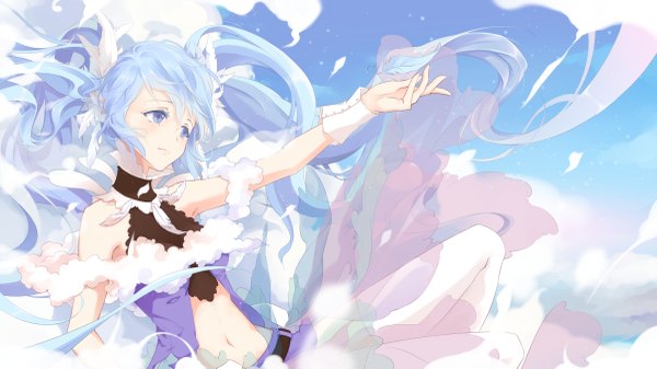 Anime picture 2400x1350 with vocaloid hatsune miku bzerox single highres blue eyes wide image twintails blue hair looking away sky cloud (clouds) very long hair girl dress navel