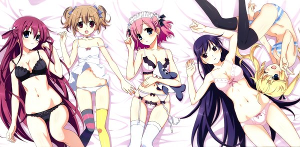 Anime picture 4704x2311 with grisaia no kajitsu suou amane matsushima michiru sakaki yumiko komine sachi irisu makina long hair blush highres short hair breasts open mouth blue eyes light erotic black hair blonde hair red eyes brown hair wide image multiple girls