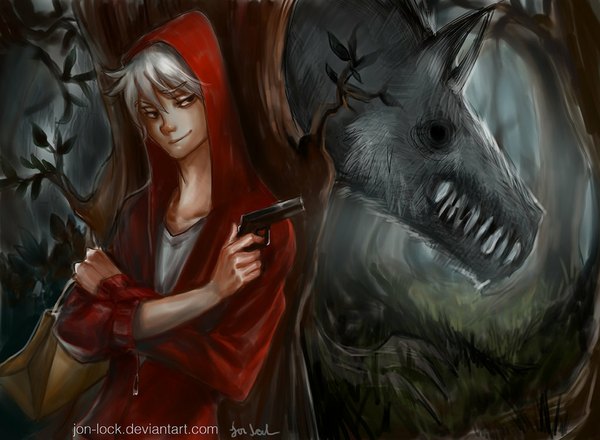 Anime picture 1024x751 with little red riding hood original little red riding hood (character) big bad wolf jon-lock (artist) short hair smile silver hair white hair open clothes open jacket teeth crossed arms sharp teeth boy weapon plant (plants) animal tree (trees) jacket