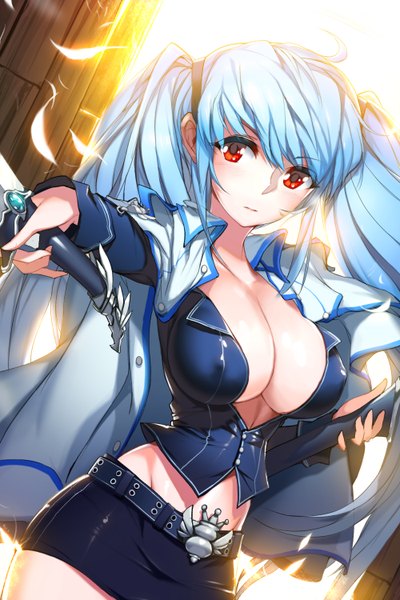 Anime picture 1000x1500 with sword girls snowball22 single long hair tall image looking at viewer breasts light erotic red eyes large breasts twintails blue hair girl dress weapon miniskirt sword feather (feathers)