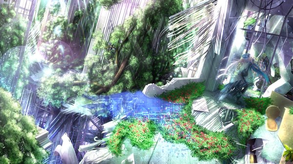 Anime picture 1920x1080 with original nagishiro mito long hair highres blonde hair wide image lens flare landscape girl dress flower (flowers) plant (plants) tree (trees)