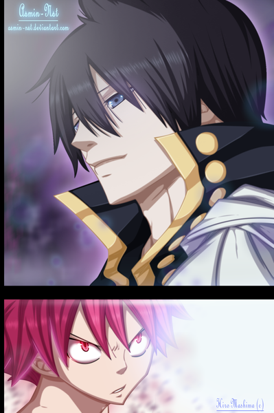 Anime picture 1329x2000 with fairy tail natsu dragneel zeref iitheluciferii tall image short hair blue eyes black hair smile pink hair pink eyes coloring light close-up face smirk manga boy cloak