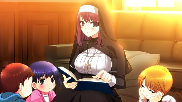 Anime picture 1280x720 with kessen! long hair blush blue eyes wide image game cg purple hair nun girl cross child (children)